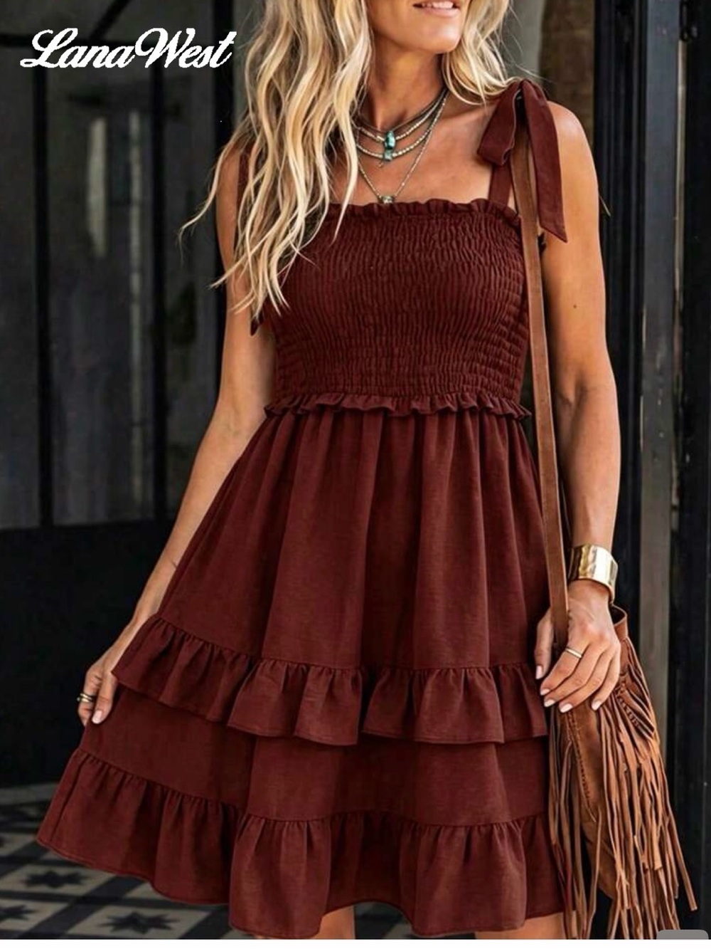 SHEIN Women's Burgundy/Brown Tiered Smocked Sundress